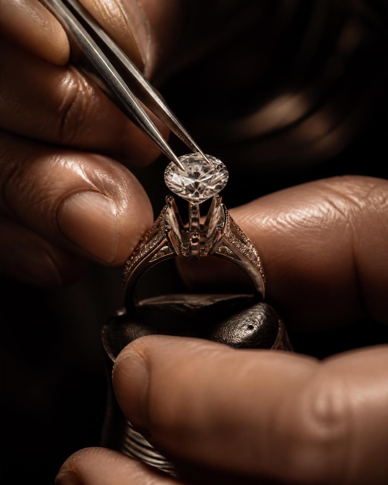 Master goldsmith setting a brilliant-cut diamond into a platinum mount